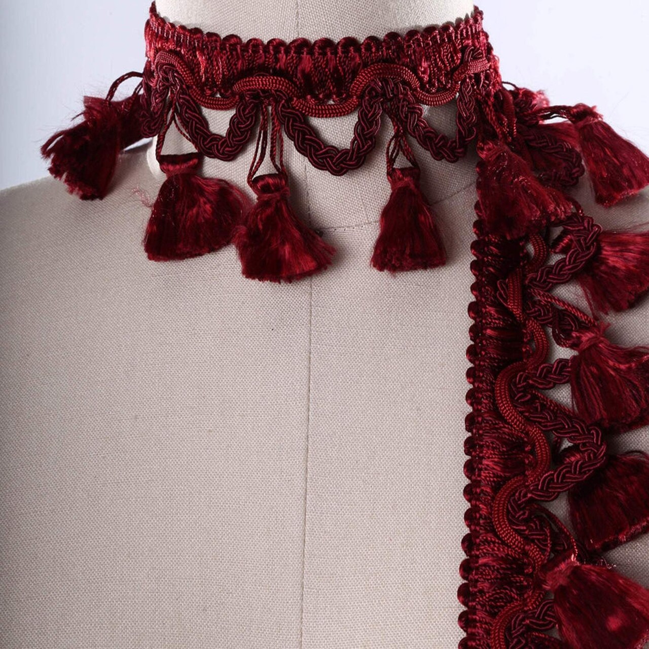 1 Yard Elegant Red Gimp Trim with Decorative Silky Tassels for Upholstery & Drapery